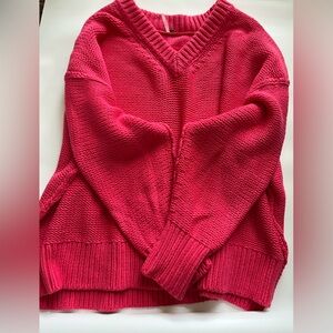 Free People Relaxed V-Neck Sweater in Hot Pink